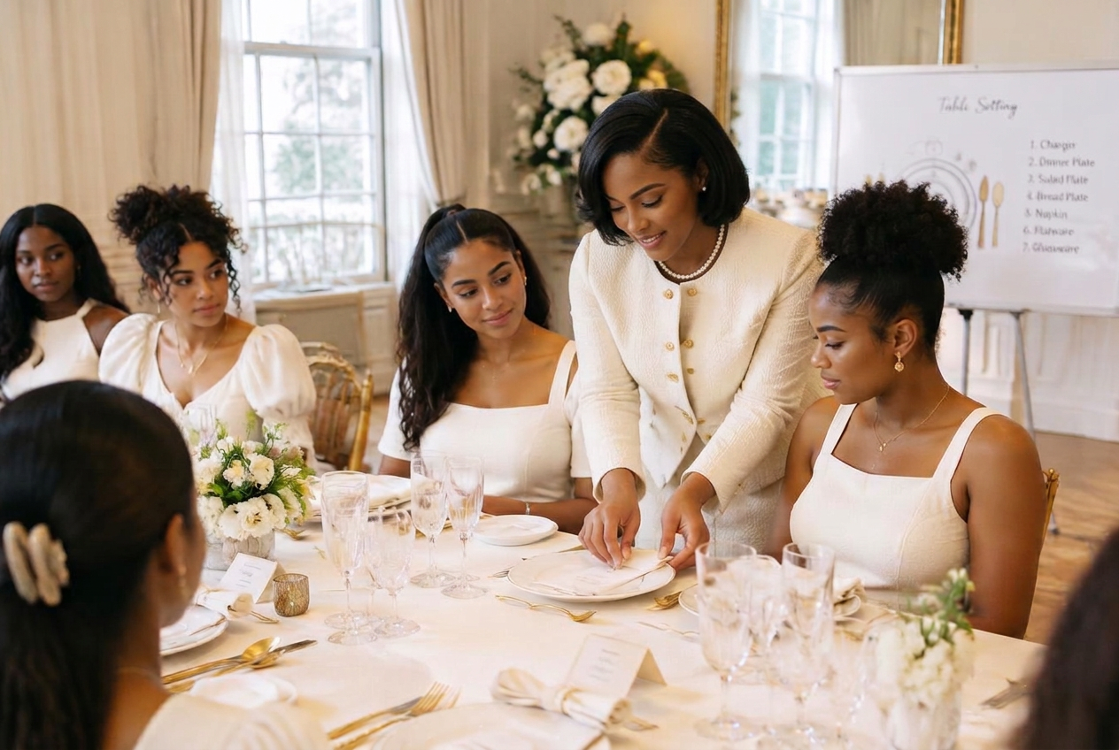 Four women in cream outfits practicing poise and table etiquette over tea in an elegant sunlit room