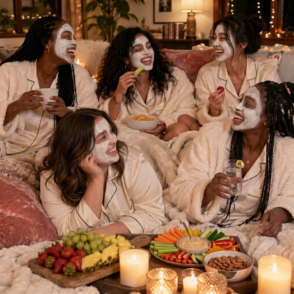 Five women in cream pajamas and robes wearing thick white clay mud masks, one of them full-figured, laughing over fruit, veggies and sparkling water by candlelight during a sleepover