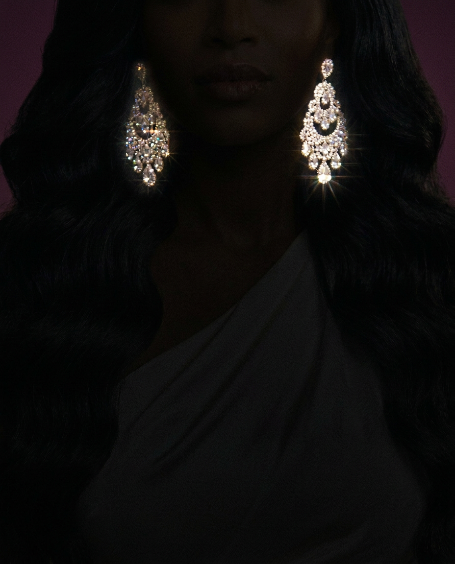 A radiant young woman glammed up in an elegant cream look, the picture of her higher self