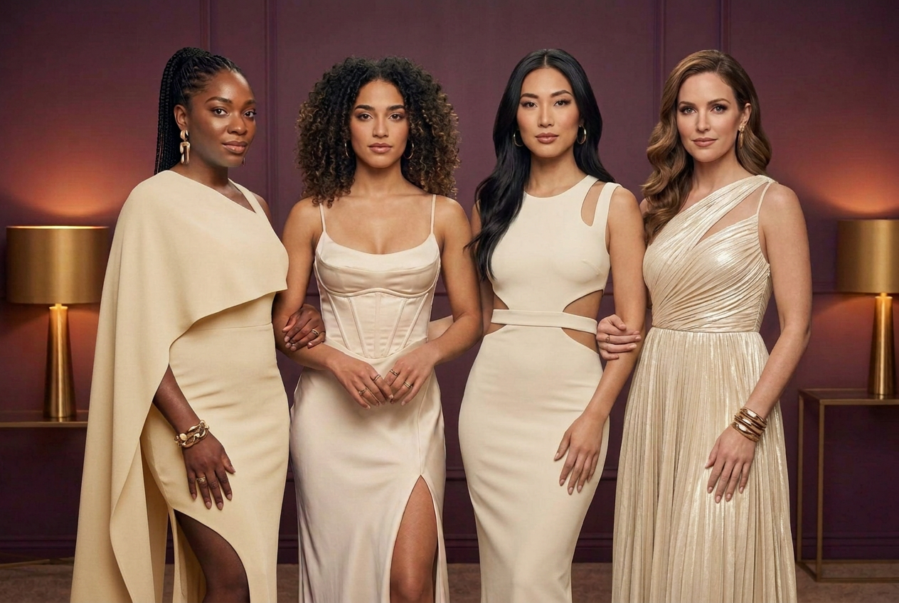 Four confident women celebrating sisterhood in elegant plum, cream, black and gold evening gowns
